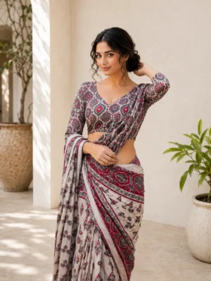 Off White Gajji Silk Saree with Ajrakh Print & Mirror Work