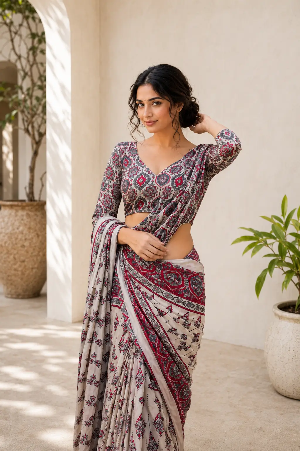 Off White Gajji Silk Saree with Ajrakh Print & Mirror Work