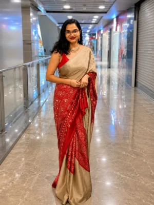 Beige Gajji Silk Ajrakh Saree