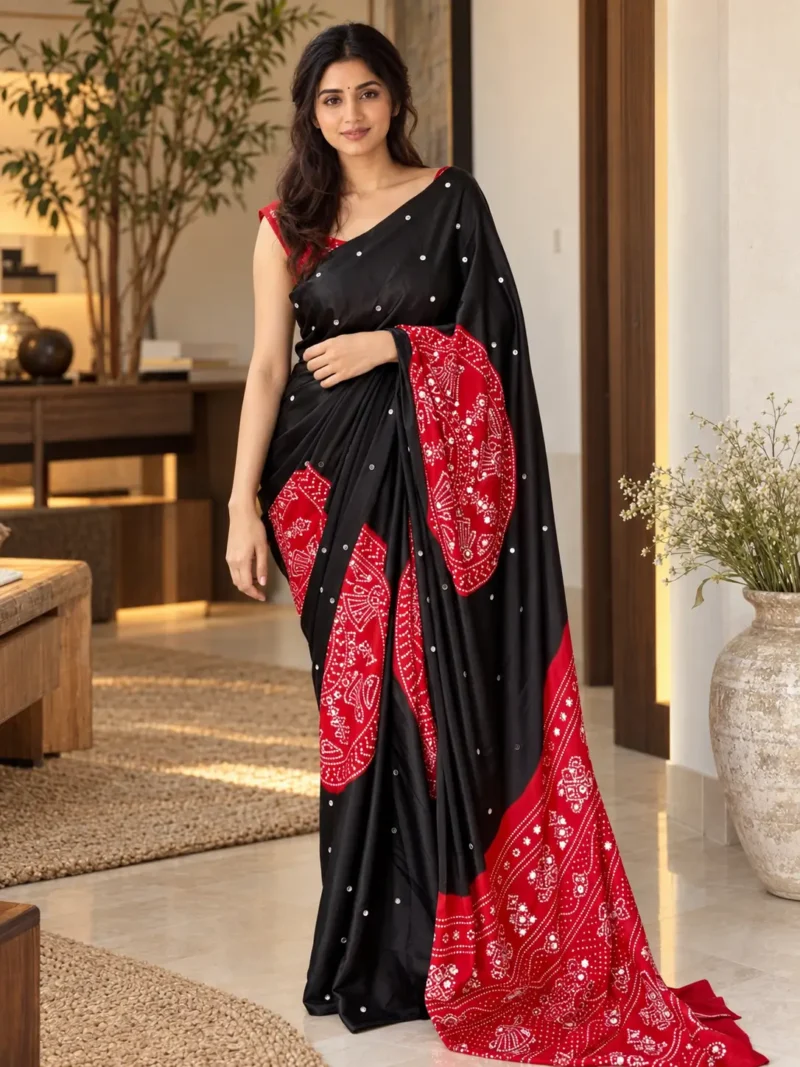 red black Bhandani saree
