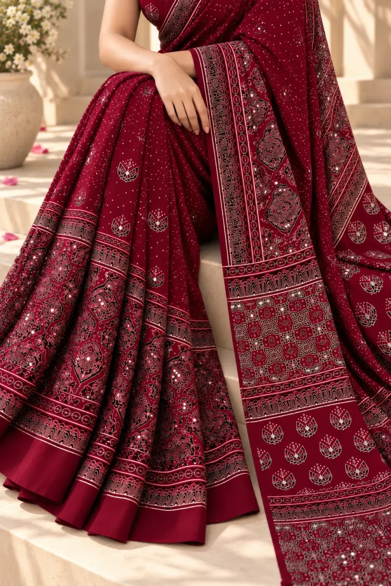 Maroon Modal Silk Ajrakh Saree with Mirror Work (2) Modal silk saree mirror work