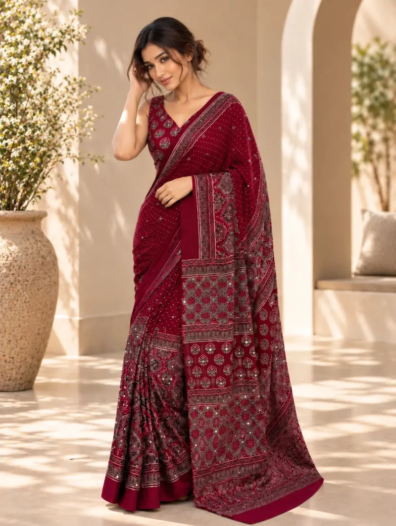 Maroon Modal Silk saree Maroon Modal Silk Ajrakh Saree with Mirror Work