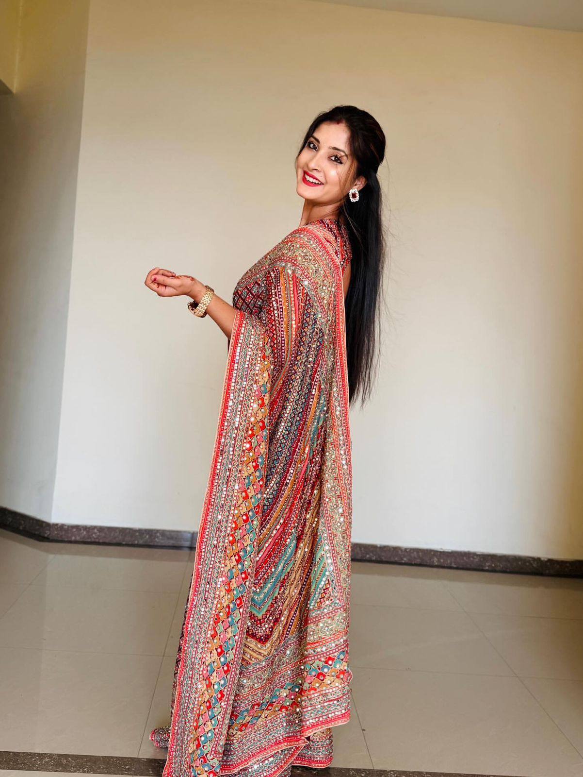 Maroon Soft Chinnon Saree with Gold Zari & Real Mirror Work
