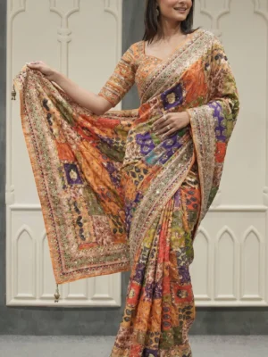 Mustard Mirror Work Saree