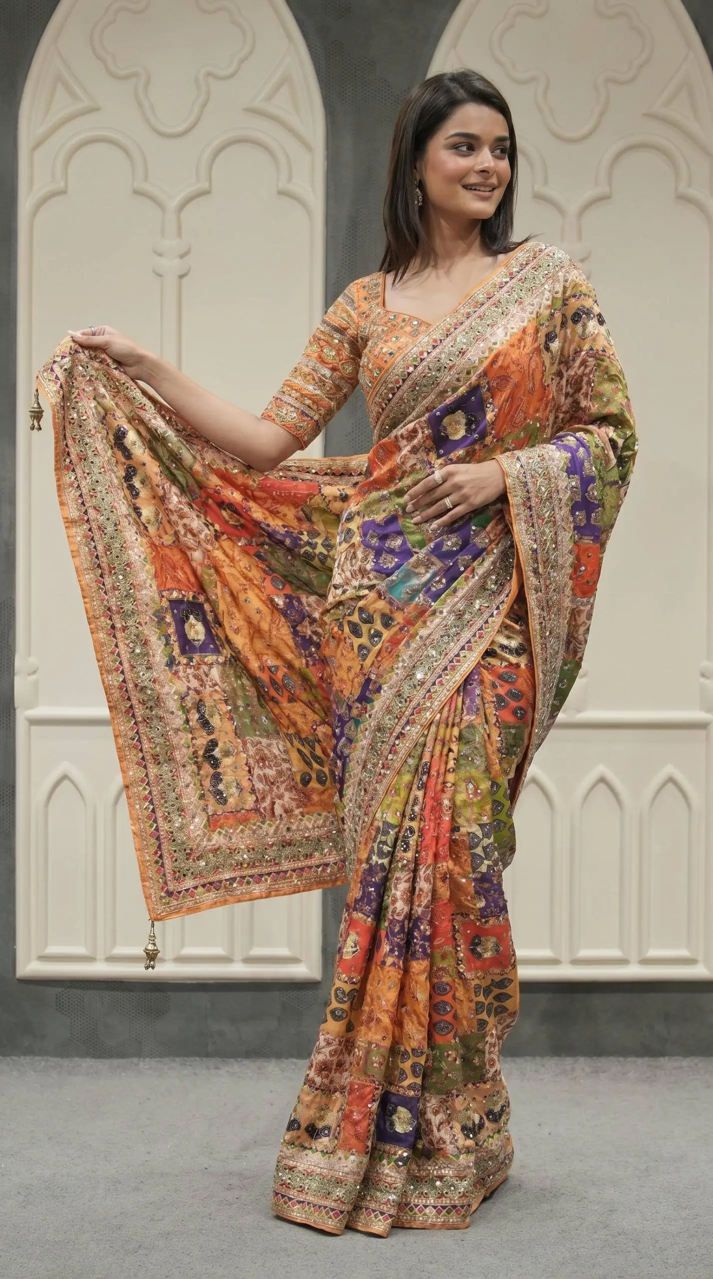 Mustard Mirror Work Saree