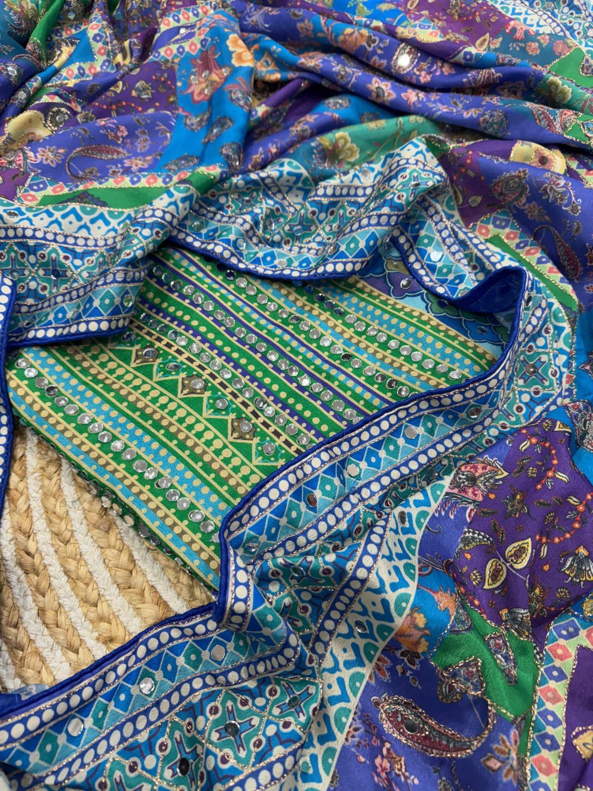 Teal Mirror Work Saree