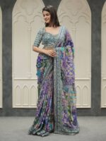 Teal Mirror Work Saree