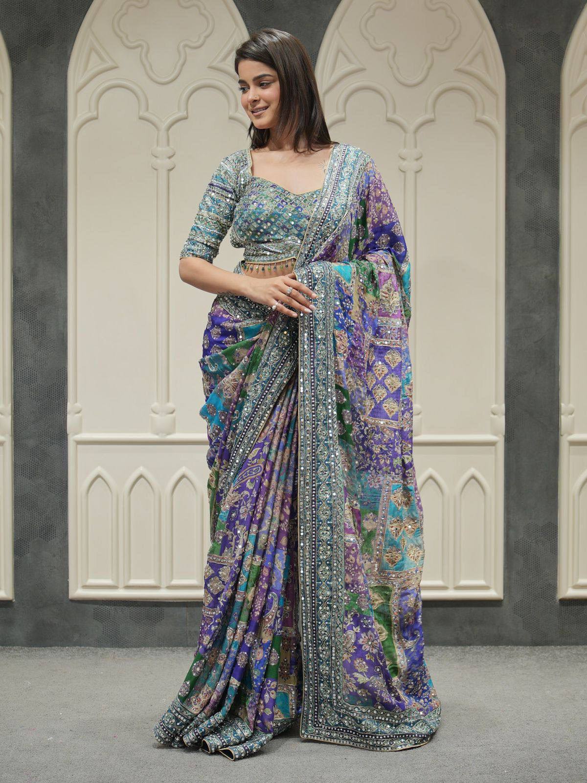 Teal Mirror Work Saree