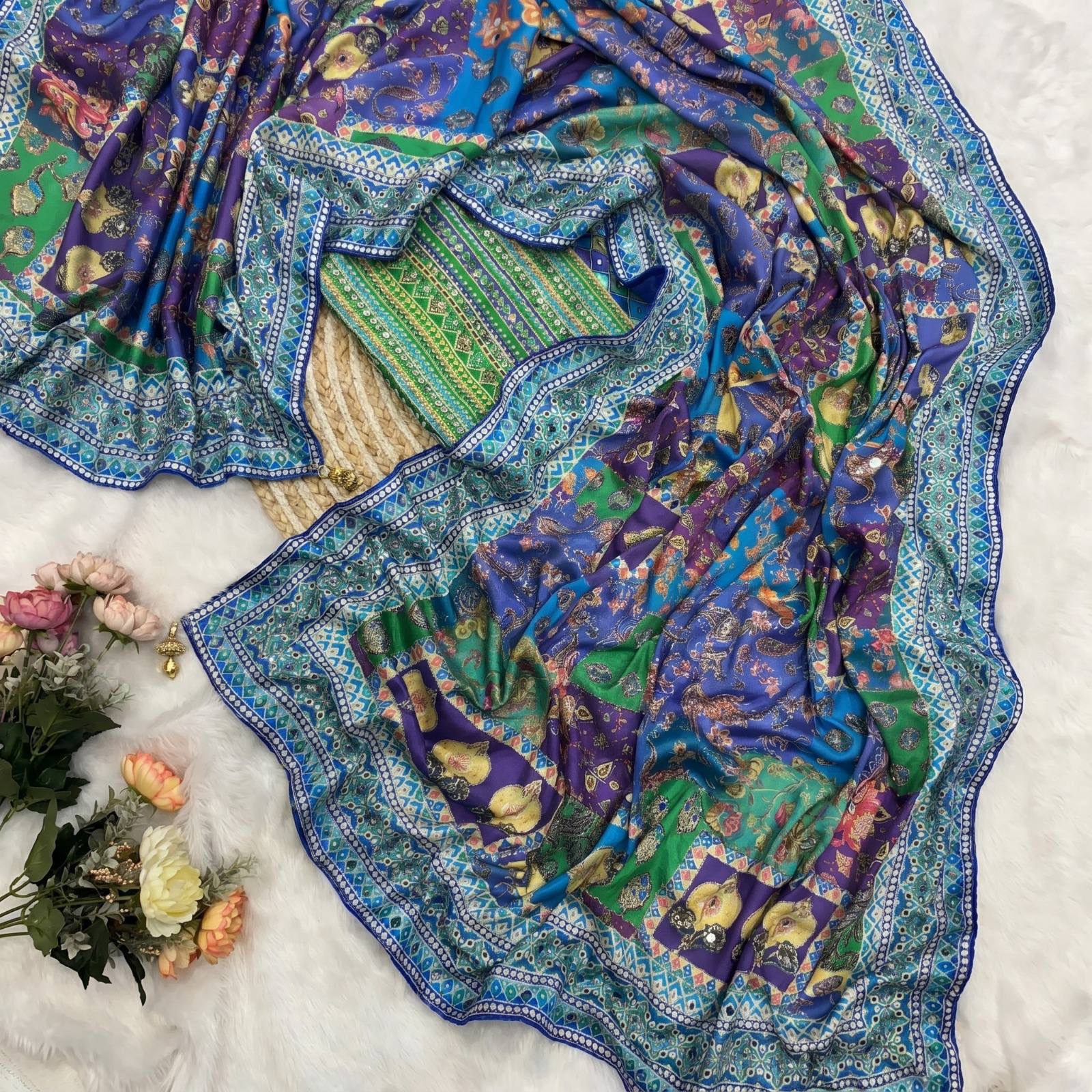 Puple Mirror Work Saree