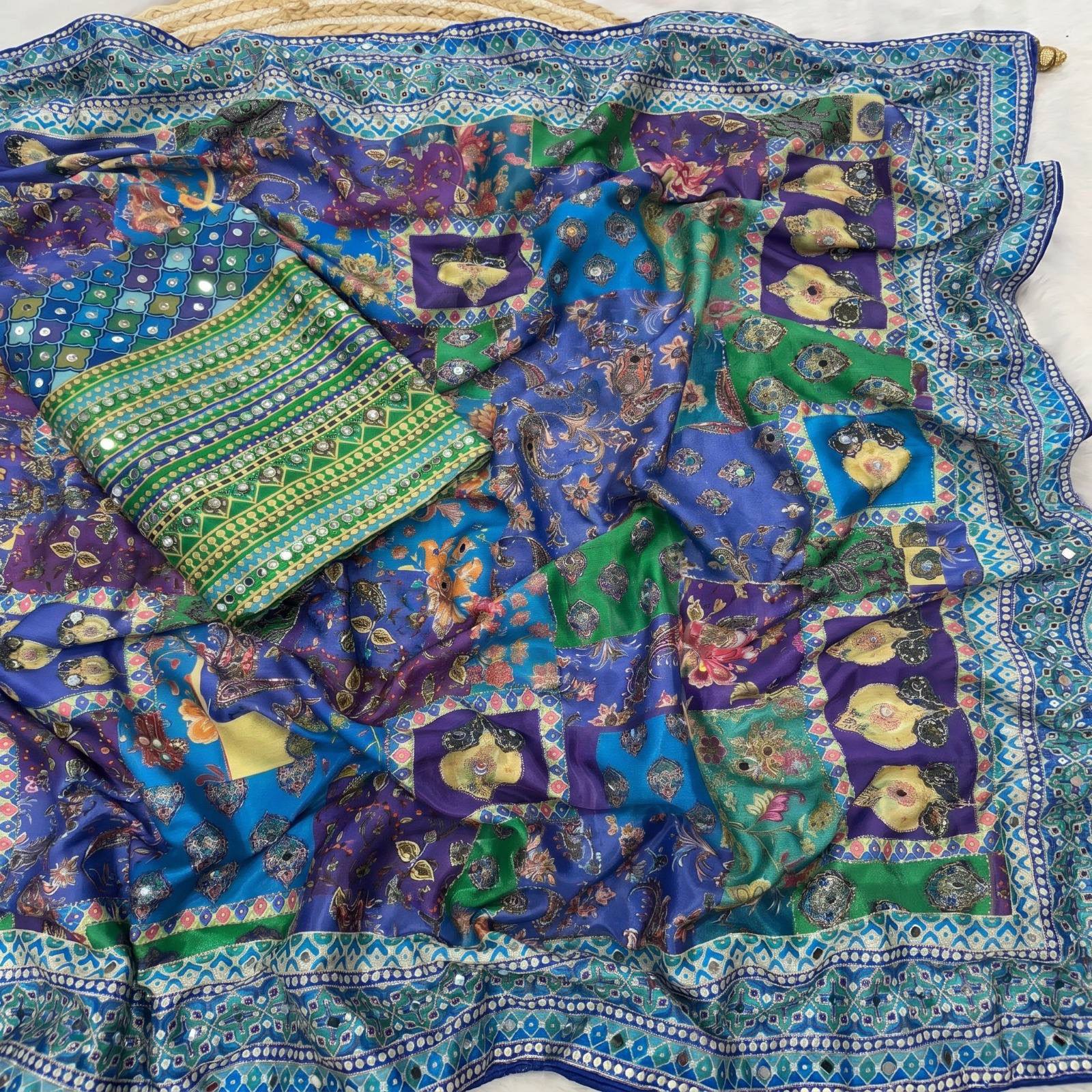 Teal Mirror Work Saree